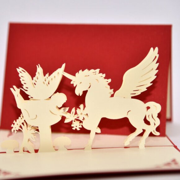 Handmade 3D Pop Up Love Pegasus and Angels Valentine's Day Card Red - Picture 1 of 4